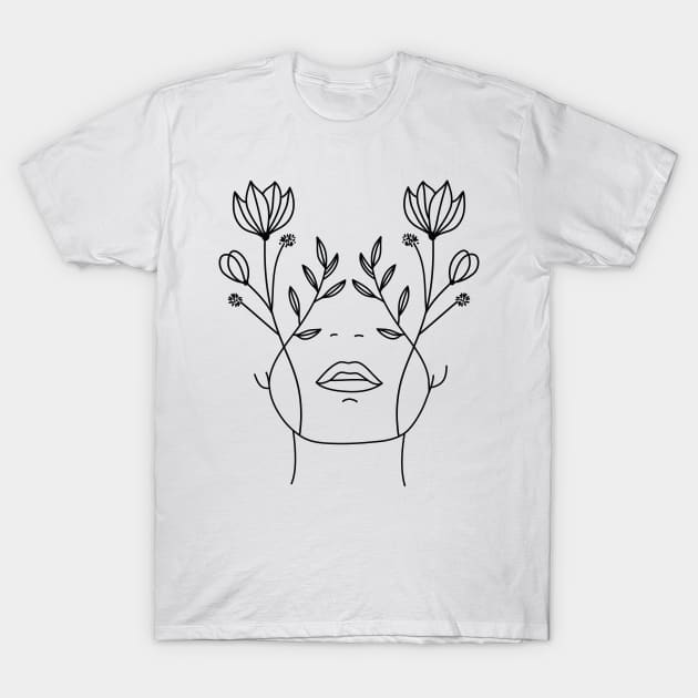 Flower Face Lady T-Shirt by MinimalLineARt